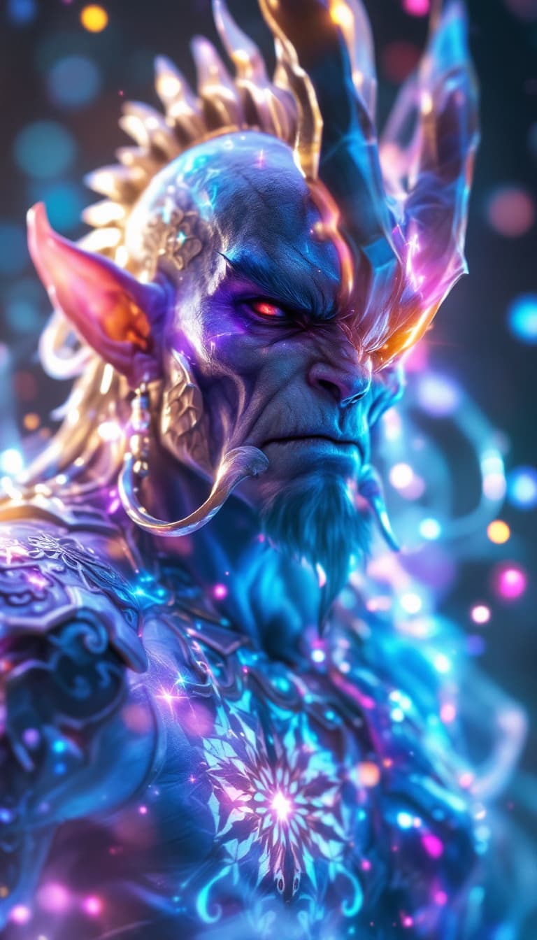 AI generated: In an ethereal digital painting, a luminous ornamental orc emerges, bathed in soft focus light. The ...