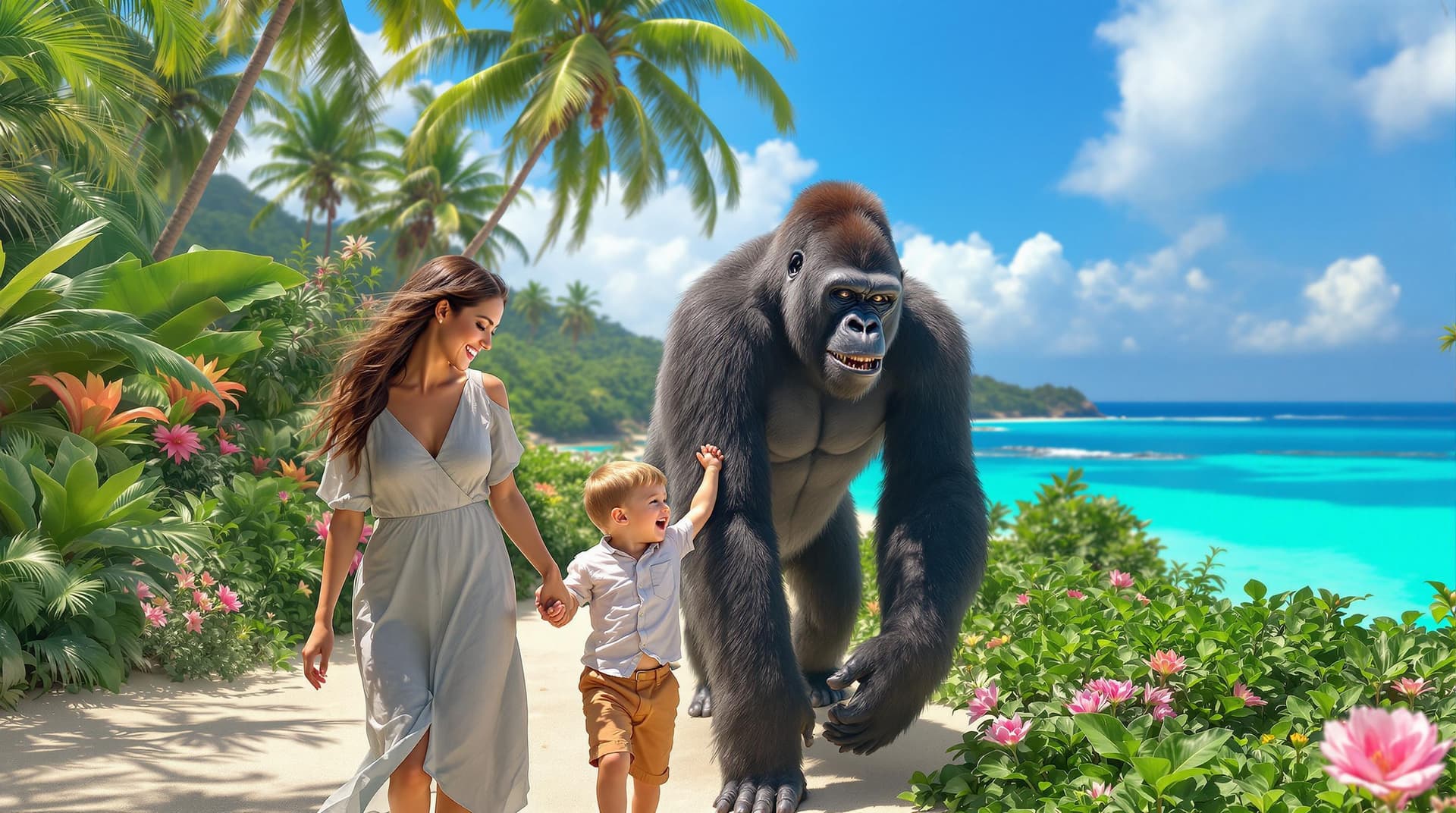 AI generated: “A surreal and touching scene of a woman with a three-year-old child and a large gorilla walking on ...