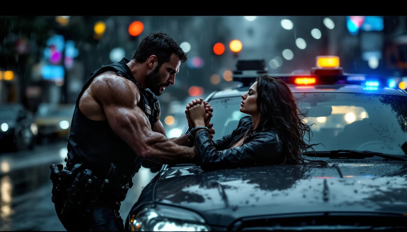 AI generated: dramatic emotional tension composition a bodybuilder with six pack and show body worn wet policeman ...