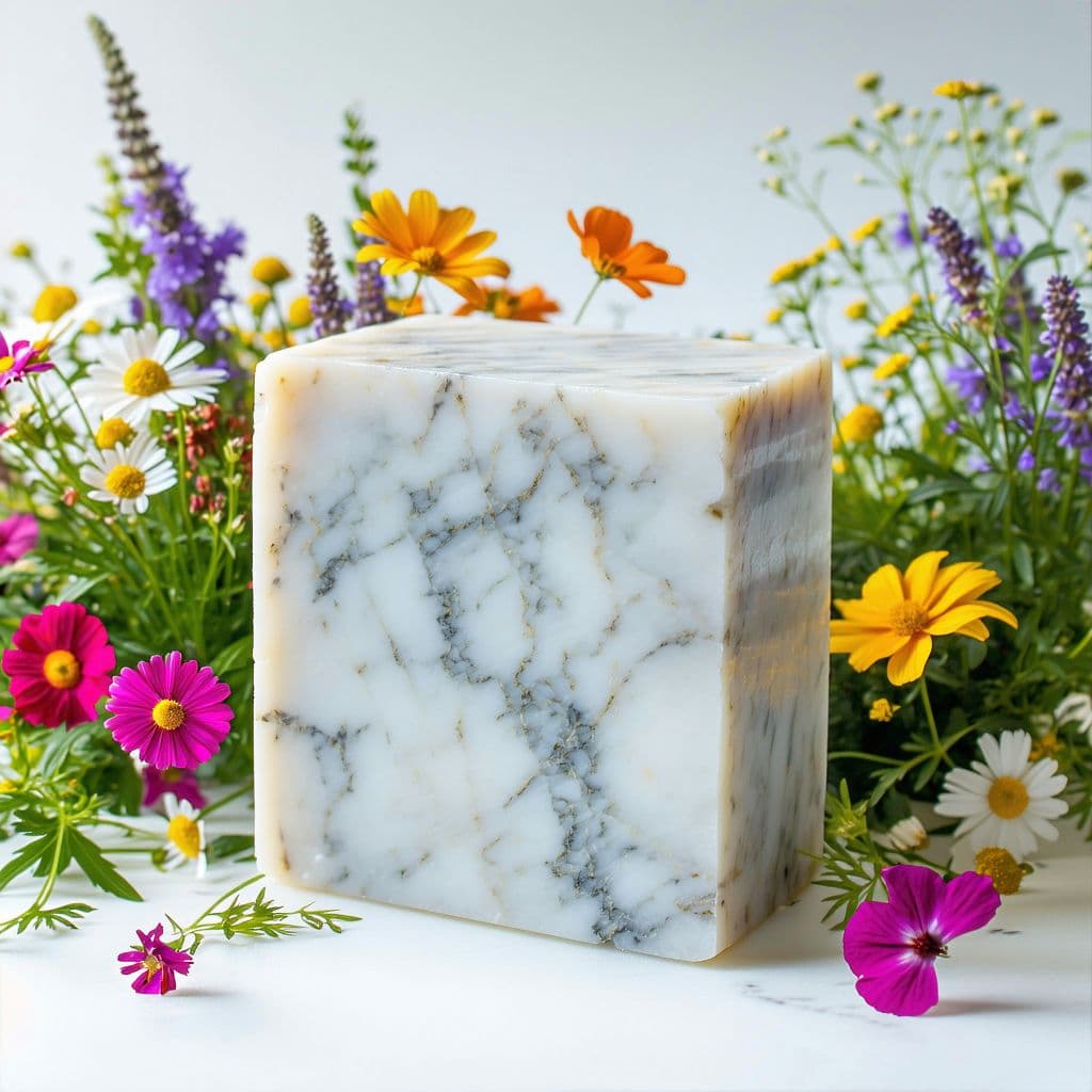 AI generated: marble block with colorful flowers around, in a white studio setting, Product shooting, outdoor adve...