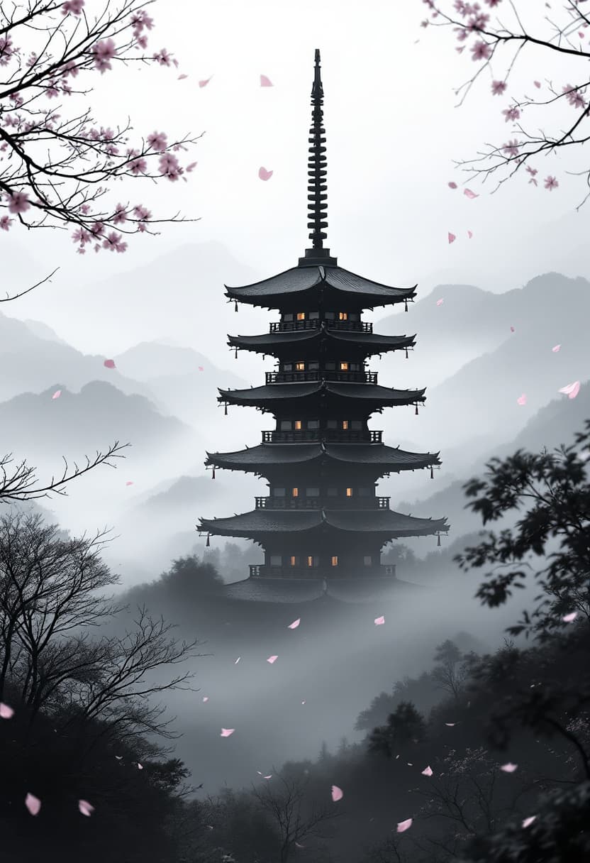 AI generated: Traditional Japanese pagoda standing tall in a foggy mountain valley, centered mid-range view. Dense...