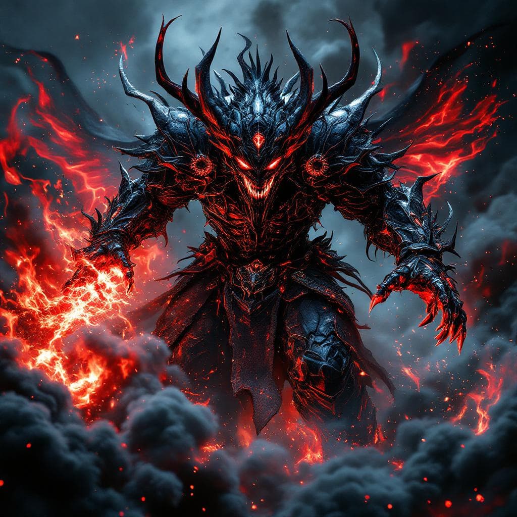 AI generated: an ugly behemoth masked divinity samurai like creature in action and unleashing an attack against en...