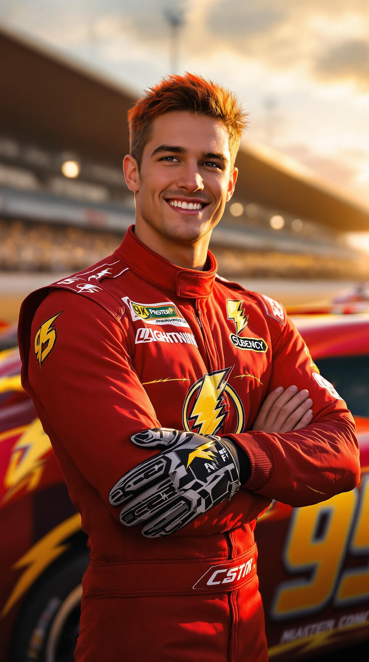 AI generated: Photorealistic portrait of a charismatic race car driver inspired by Lightning McQueen; athletic you...
