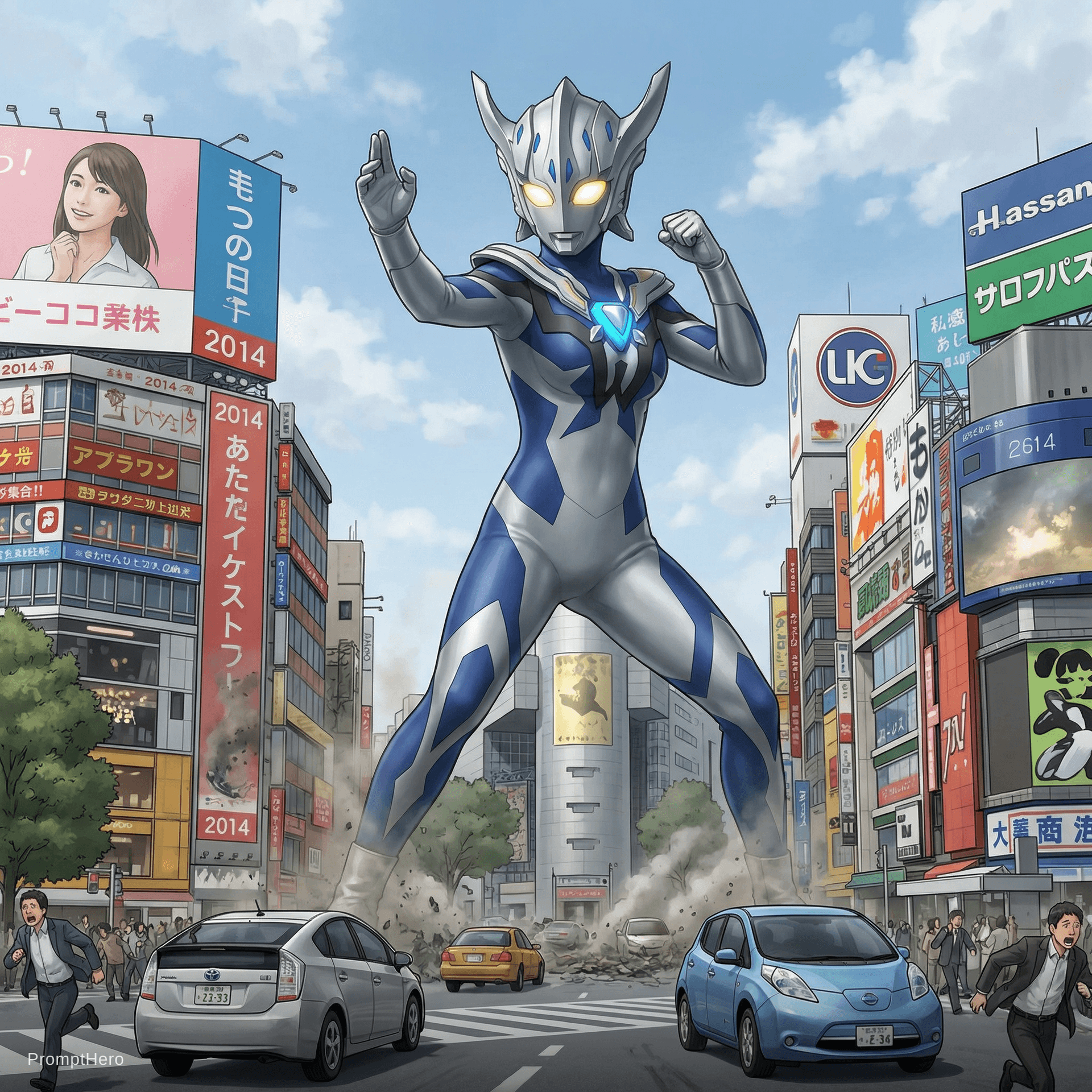 AI generated: Create Her : Giant Form. Gives Fighting Pose At Japan Surface City At 2014.