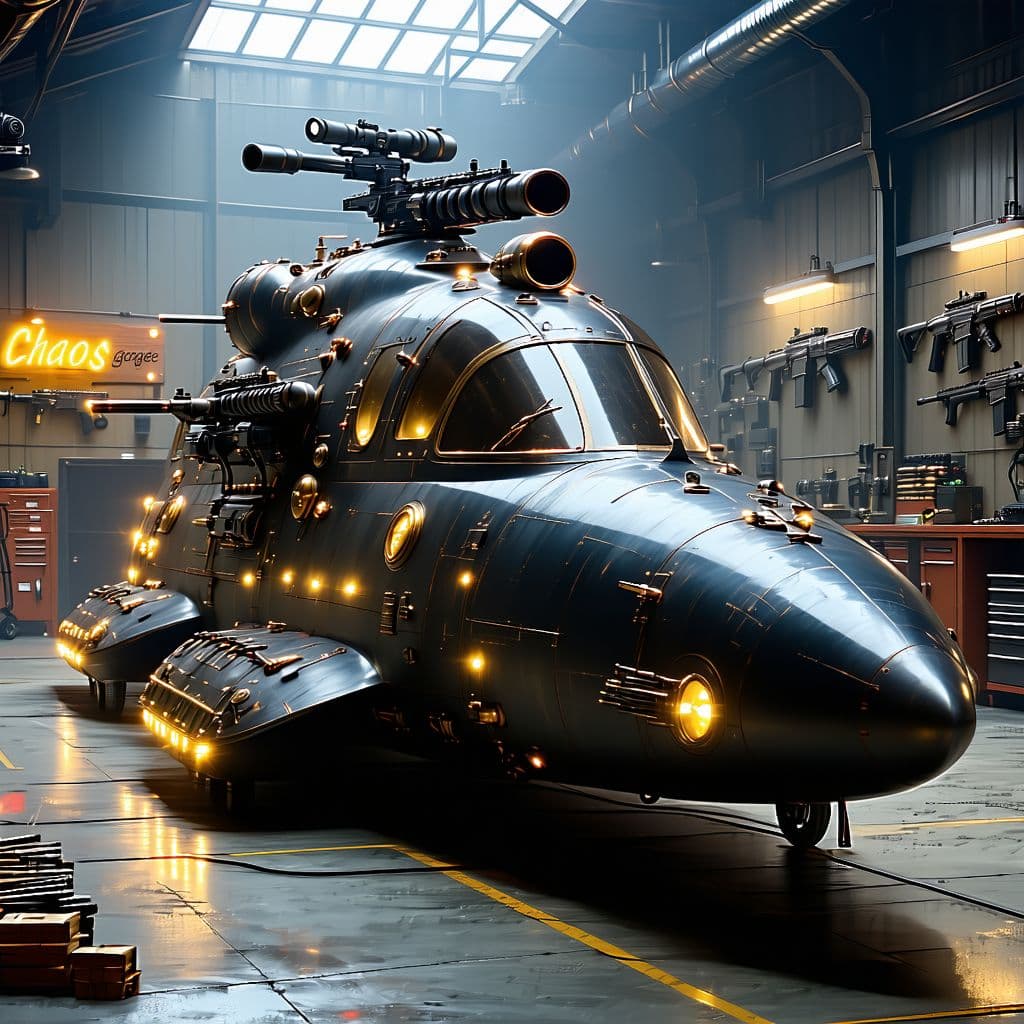 AI generated: General outline of a latest model 2 person submersible with machine guns on the roof and missle laun...