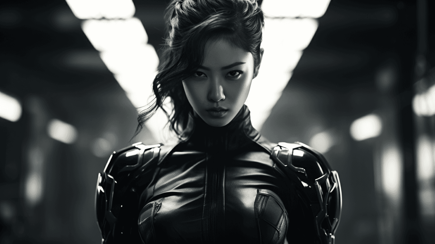 AI generated: HoYeon Jung as a cyberpunk street fighter, 16-35mm lens, f/1.8, global illumination, natural light, ...
