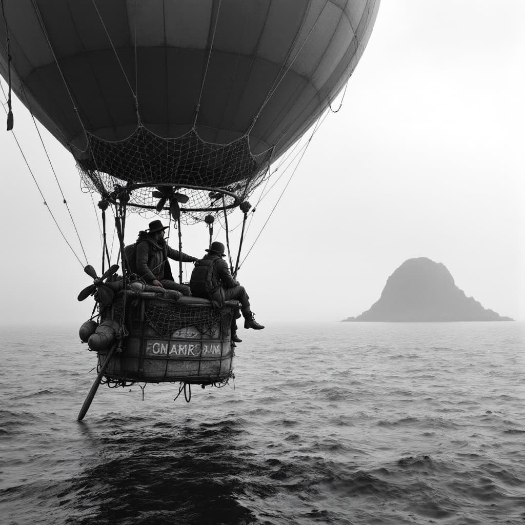 AI generated: A traveler sits on a balloon. The balloon has propellers and is covered with a fishing net. The ball...