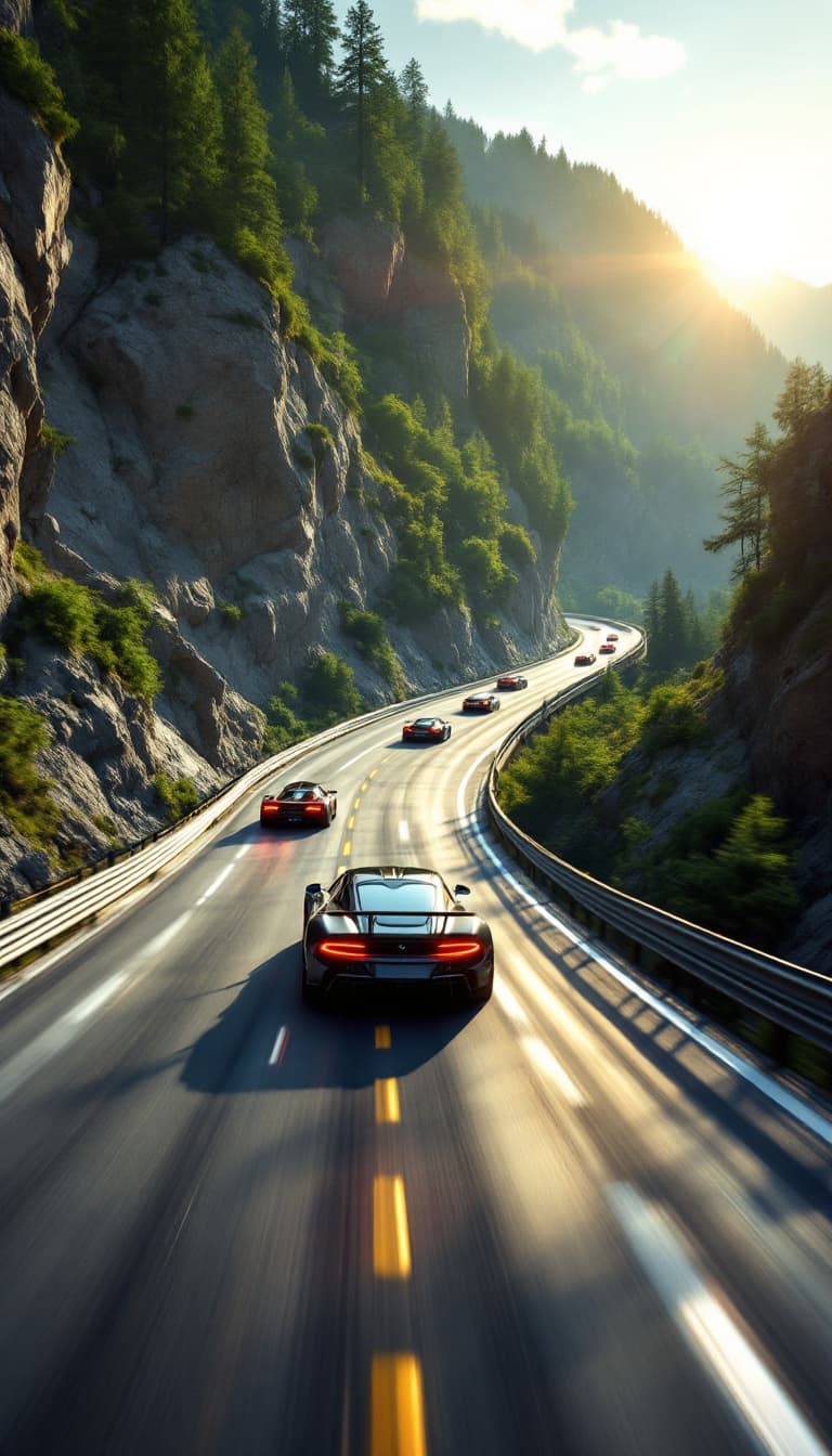 AI generated: Summer.  The race track climbs up to the Bulge Bridge, which is followed by the Proval race track at...