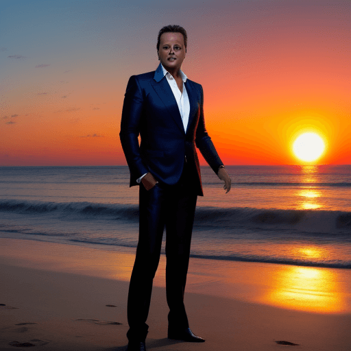 AI generated: Luis Miguel is at the beach looking at the sun setting in the horizon