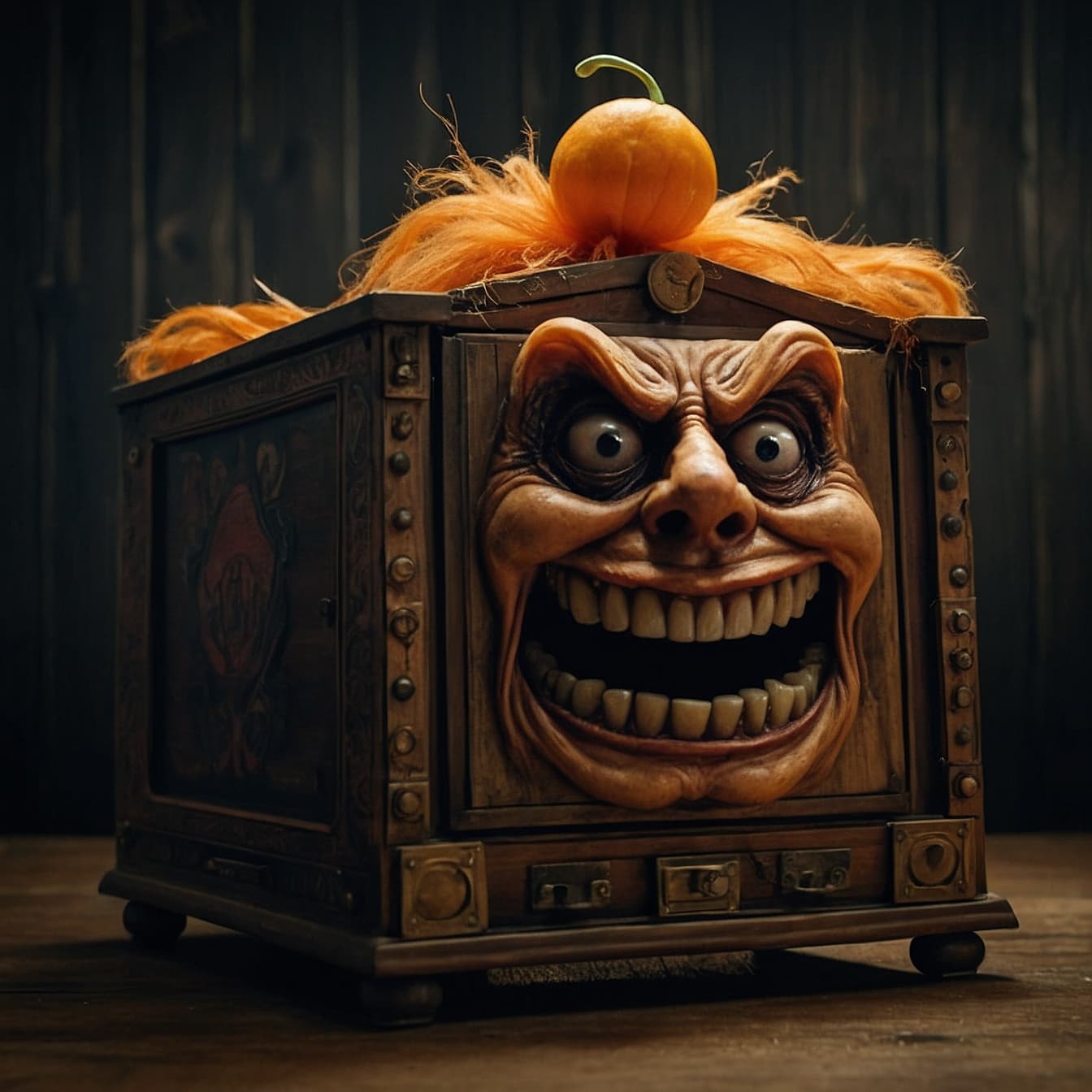 AI generated: In the scene stands a grotesque Jack-in-the-Box, its eerie visage bearing the features of former Pre...