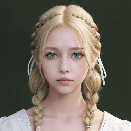 AI generated: woman, blonde_hair, french_braid. green_eyes, hair_between_eyes, hair_ribbon, looking_at_viewer, red...