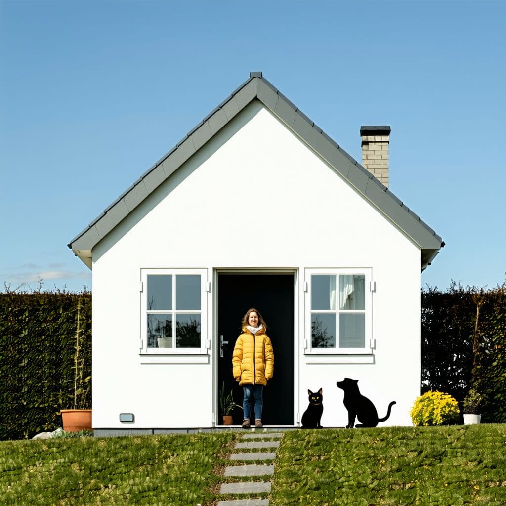 AI generated: house with person in front with a dog and a cat next to them