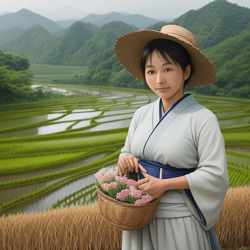 AI generated: Arav woman holding a basket of flowers looking at the valley, countryside in japan, Korean people, j...