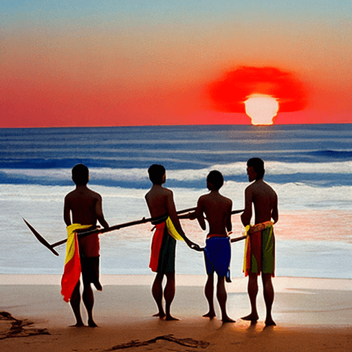 AI generated: Four young men standing waist-deep in the ocean, their backs facing the shore. They are all dressed ...