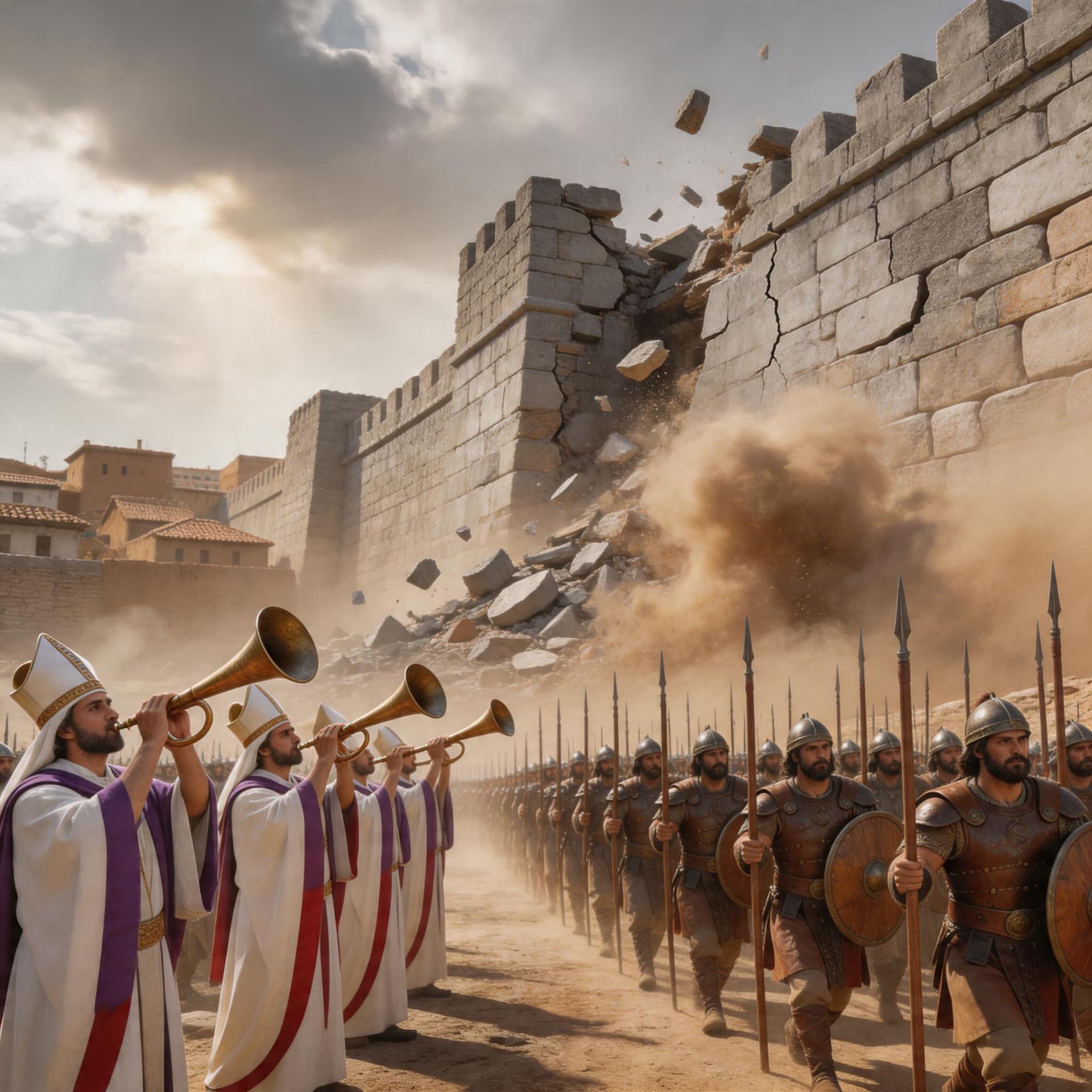 AI generated: Joshua and the Fall of Jericho
walls of Jericho collapsing as priests blow trumpets and Israelites m...