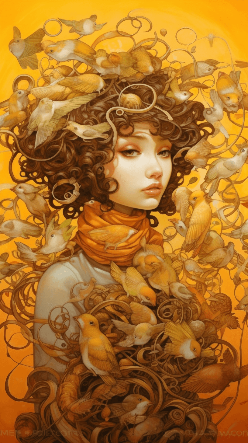 AI generated: A whimsical artist with enchanting hazel eyes, in the style of Latex, emitting a warm golden light, ...