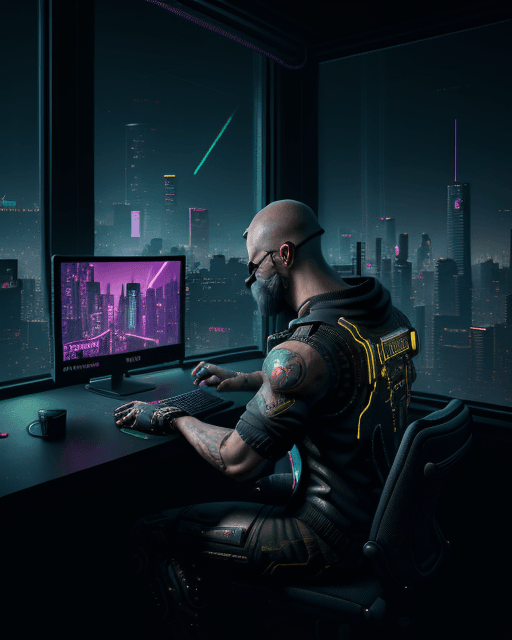 AI generated: a guy is sitting at a computer in a dark room, light falls from the window and you can see a big cit...