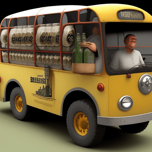 AI generated: beer bottle shaped bus, wheels attached to beer bottle like a vehicle, 