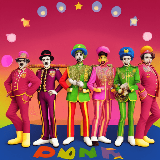 AI generated: Four Marx Brothers dressed as Sergeant Pepper's Lonely Hearts Club Band, day-glo colors, epaulets, m...