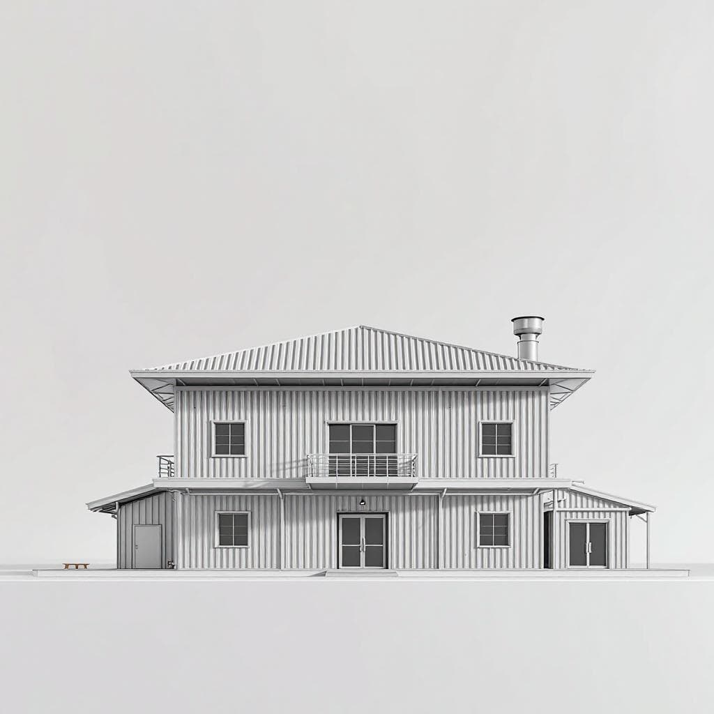 AI generated: The front view of a ground level ice cream manufacturing plant,  metal costruction, minimal, contemp...