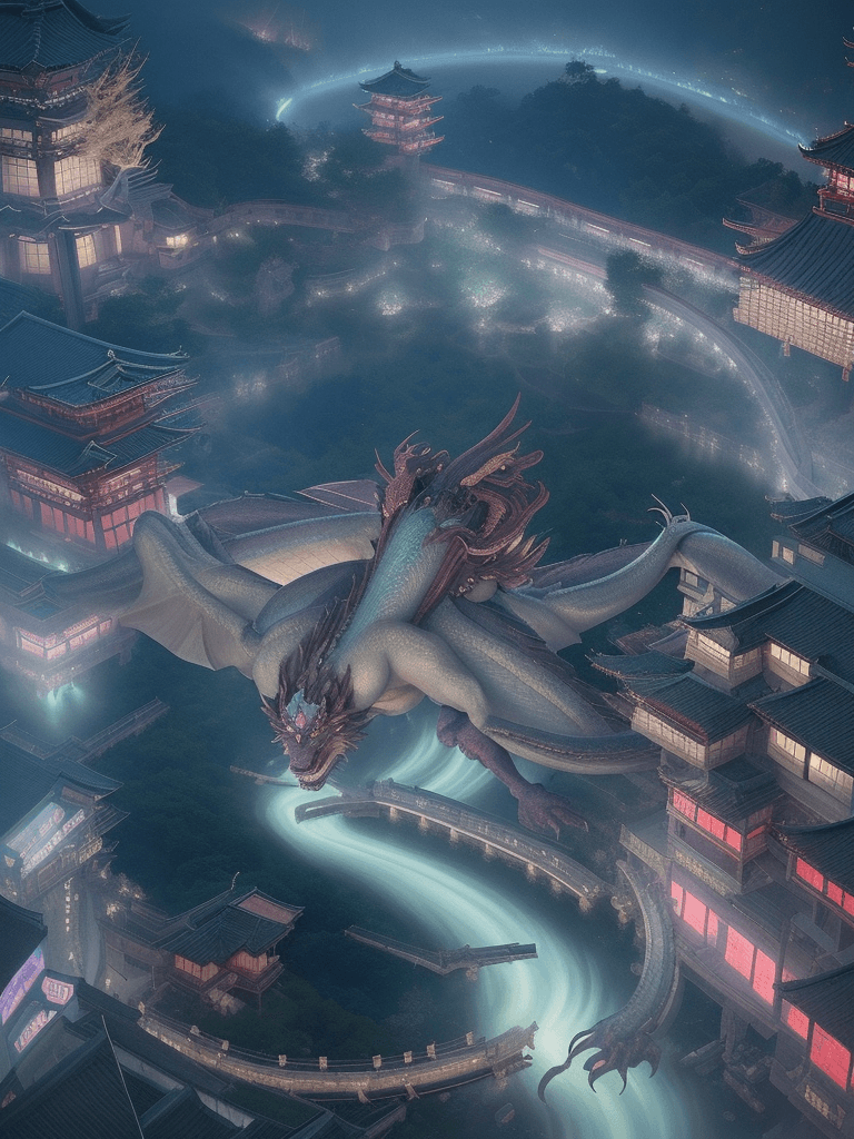 AI generated: Kyoto Animation stylized anime mixed with tradition Chinese artworks~ A dragon flying at modern cybe...