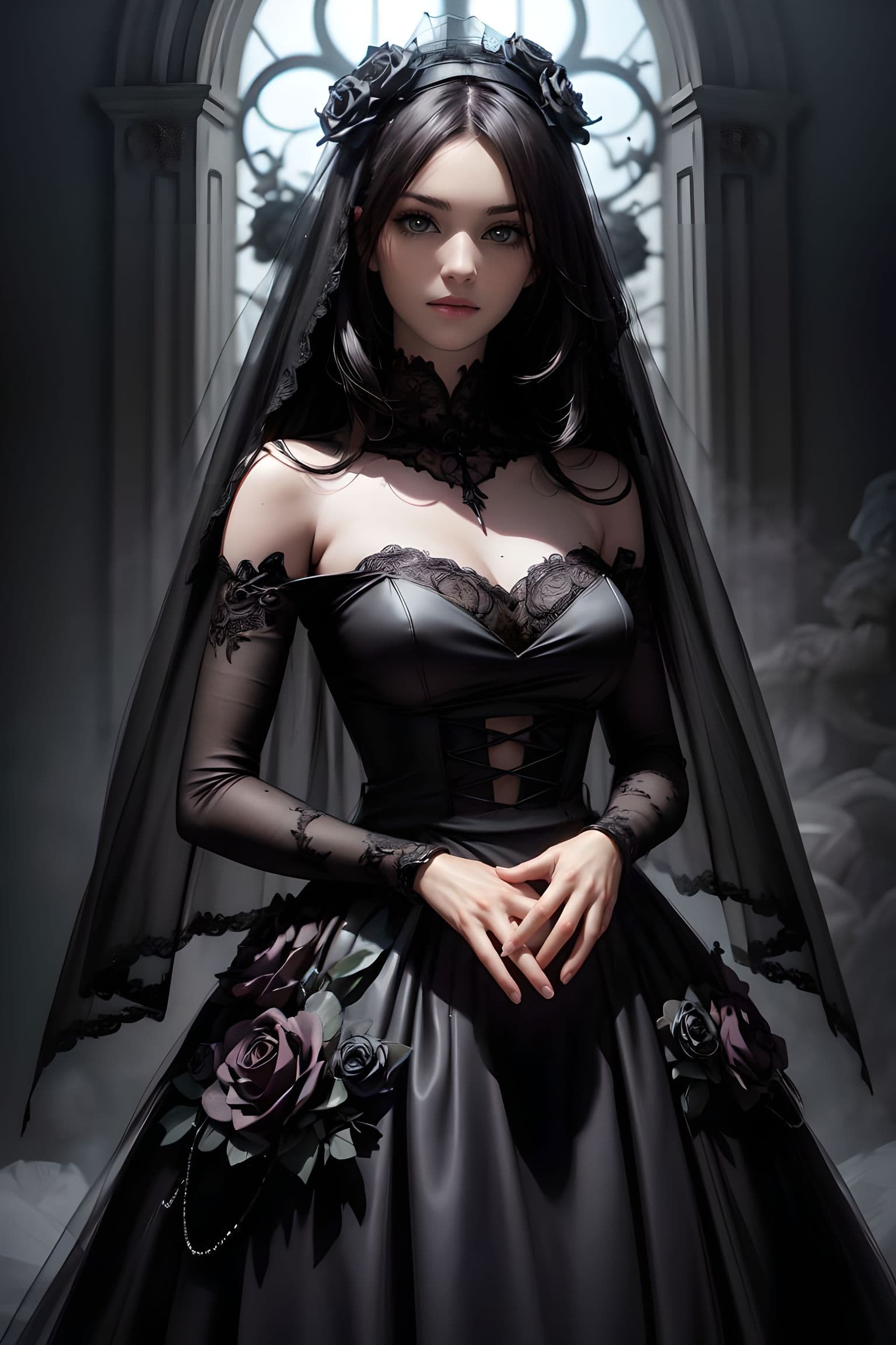 AI generated: a girl, ((black wedding dress, black wedding veil, black rose,a lot of flowers around)), otherworldl...