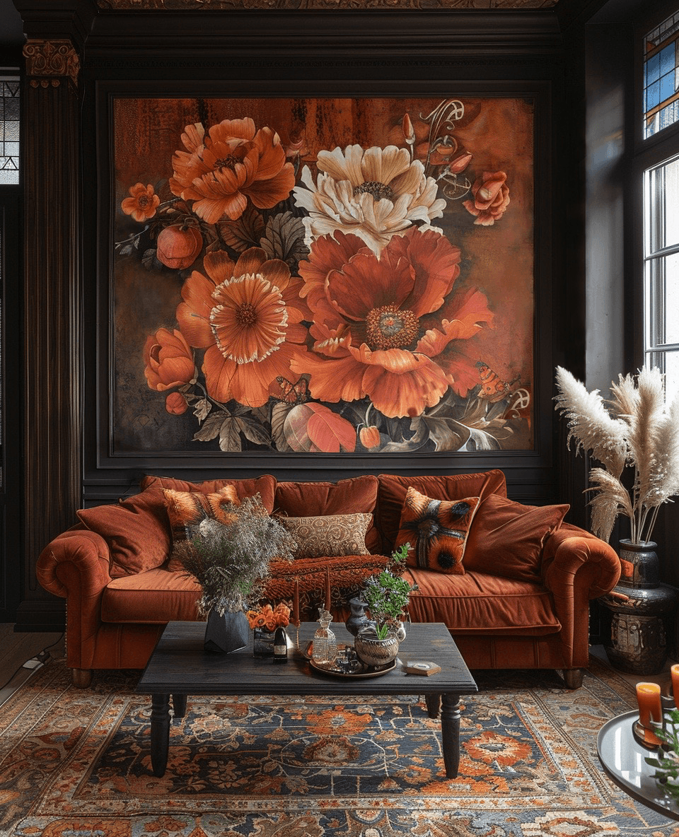 AI generated: A large wall mural of an autumn floral arrangement on the walls, featuring bold orange and red flowe...