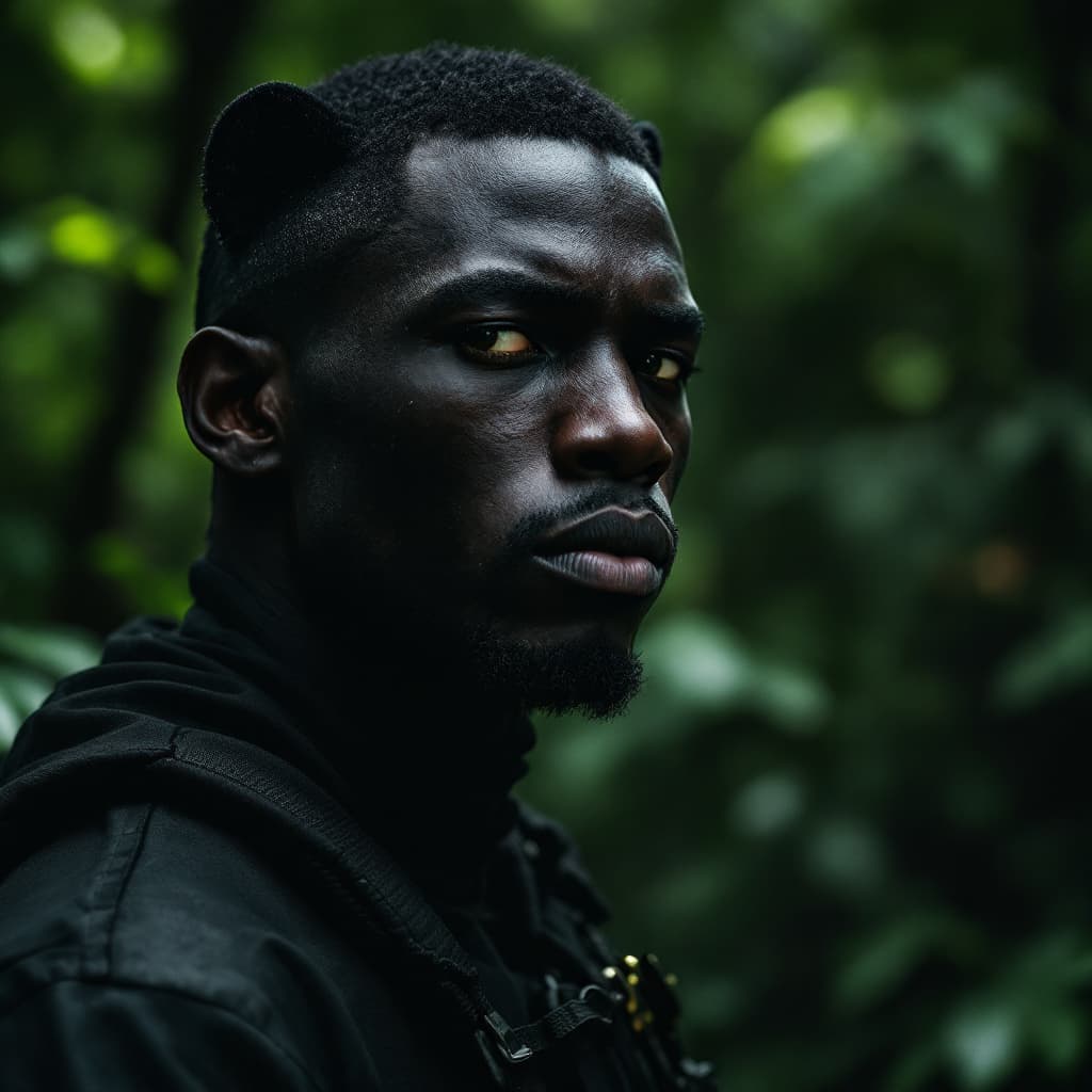 AI generated: African man, youth,  a security officer, wearing a black panther suit, Dense green forest background...
