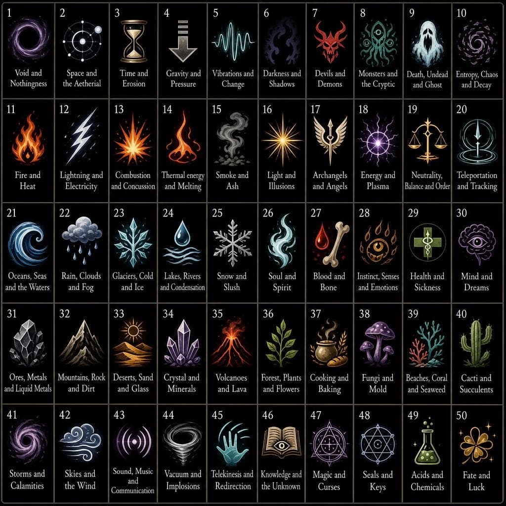 AI generated: create little symbols for all 50 of these elements - 
Void and Nothingness
Space and the Aetherial
T...