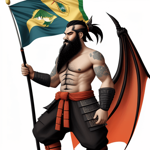 AI generated: Dragon with samurai beards, breathing fire, and holding the Brazilian flag.--ar 116:117 --stylize 75...