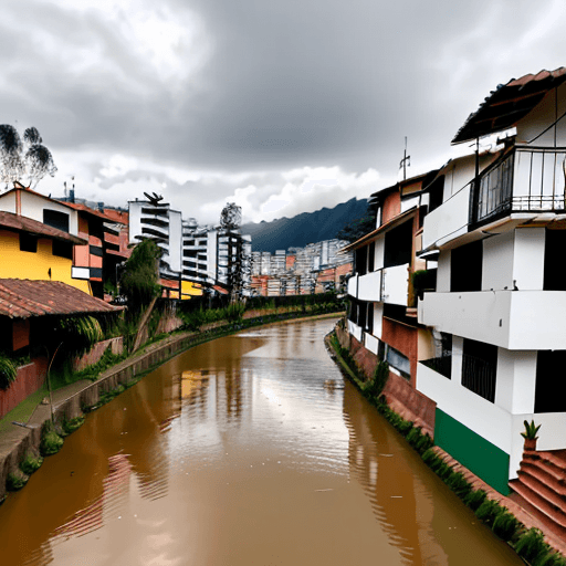 AI generated: clean river and have 2-level homes around it in bogota colombia 8k