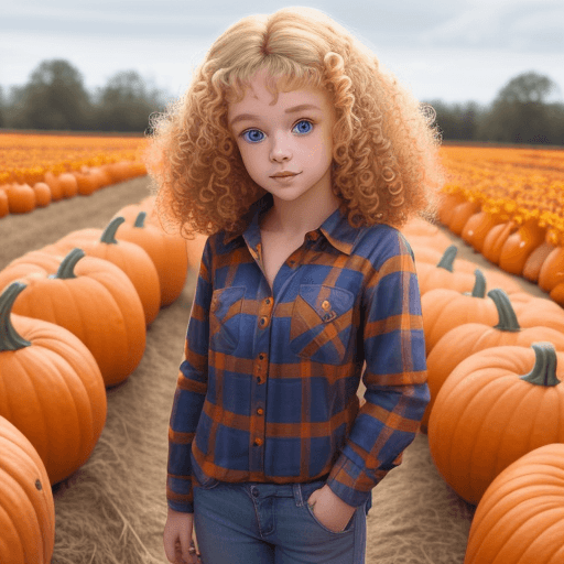 AI generated: Young cute girl with blonde curly hair, big blue eyes, small nose, orange flannel shirt, standing in...