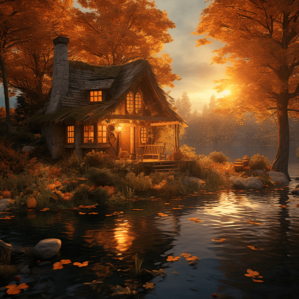 AI generated: Quaint rustic witch's cabin by the lake, autumn forest background, orange and honey colors, beautifu...