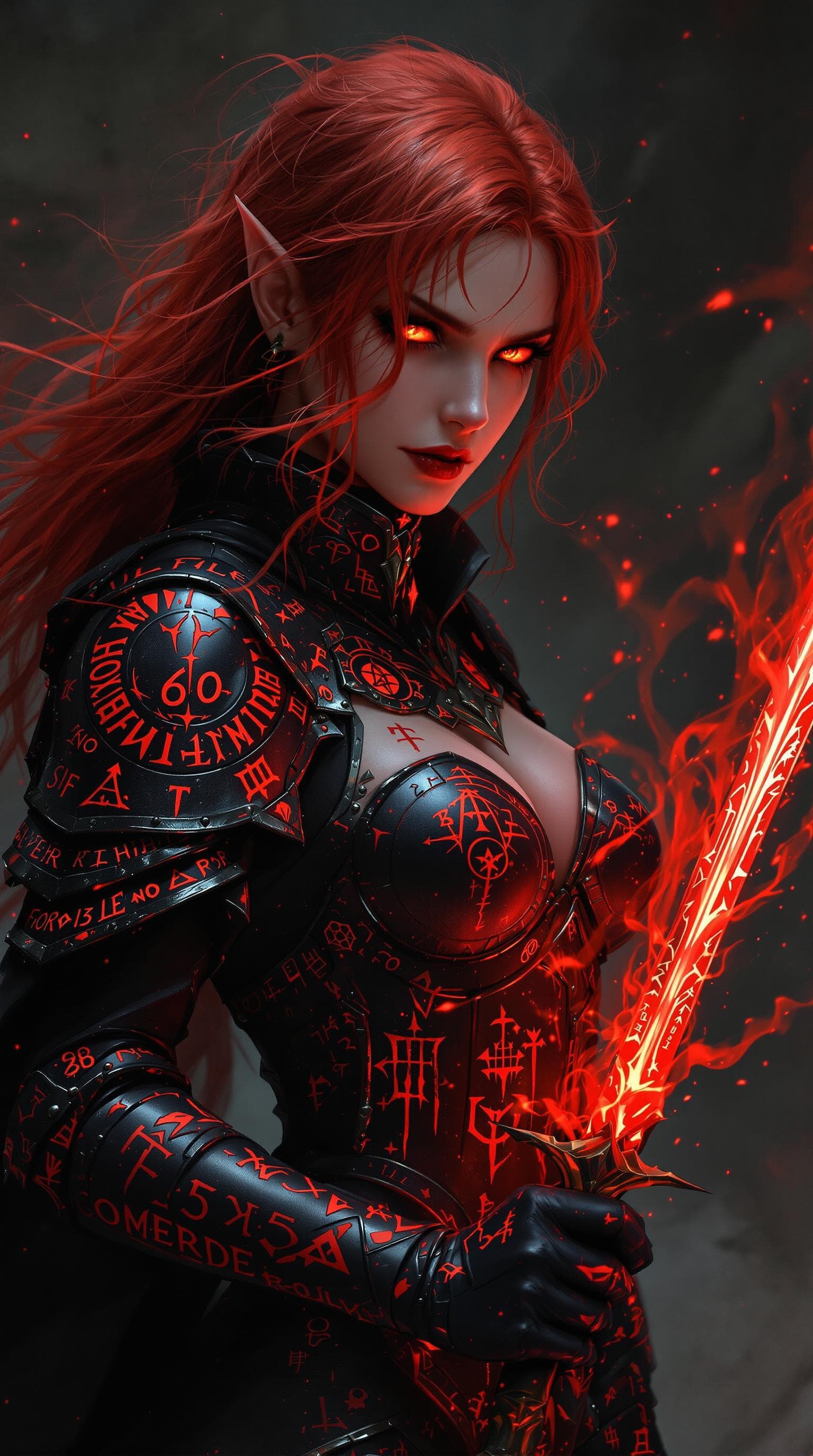 AI generated: A crimson-haired sorceress stands before me, her fiery locks and blazing eyes piercing through the d...