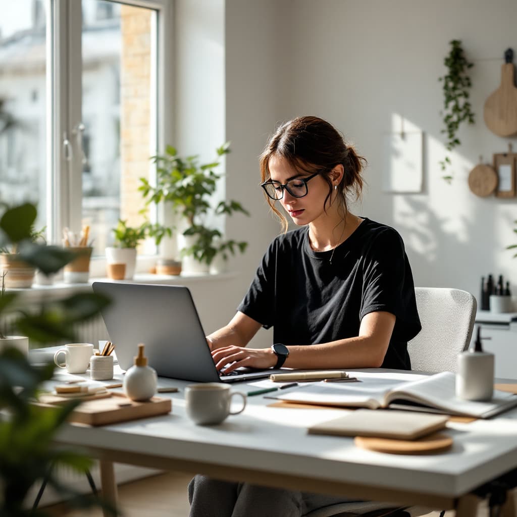 AI generated: modern, minimalist workspace, focused designer woman at a white desk, surrounded by objects of produ...