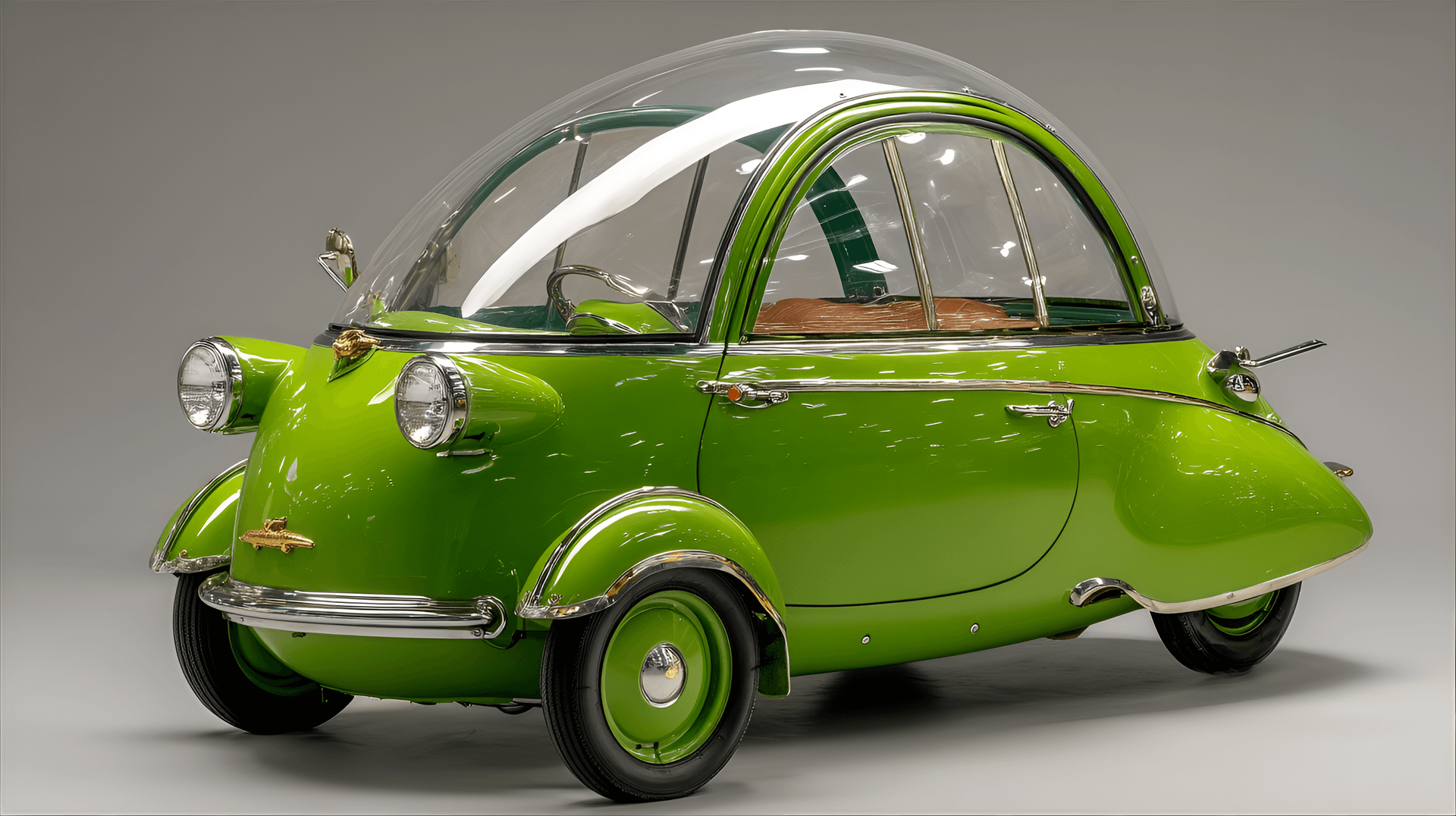 AI generated: compact three-wheeled vehicle with vibrant green exterior, bubble-like transparent canopy, and retro...