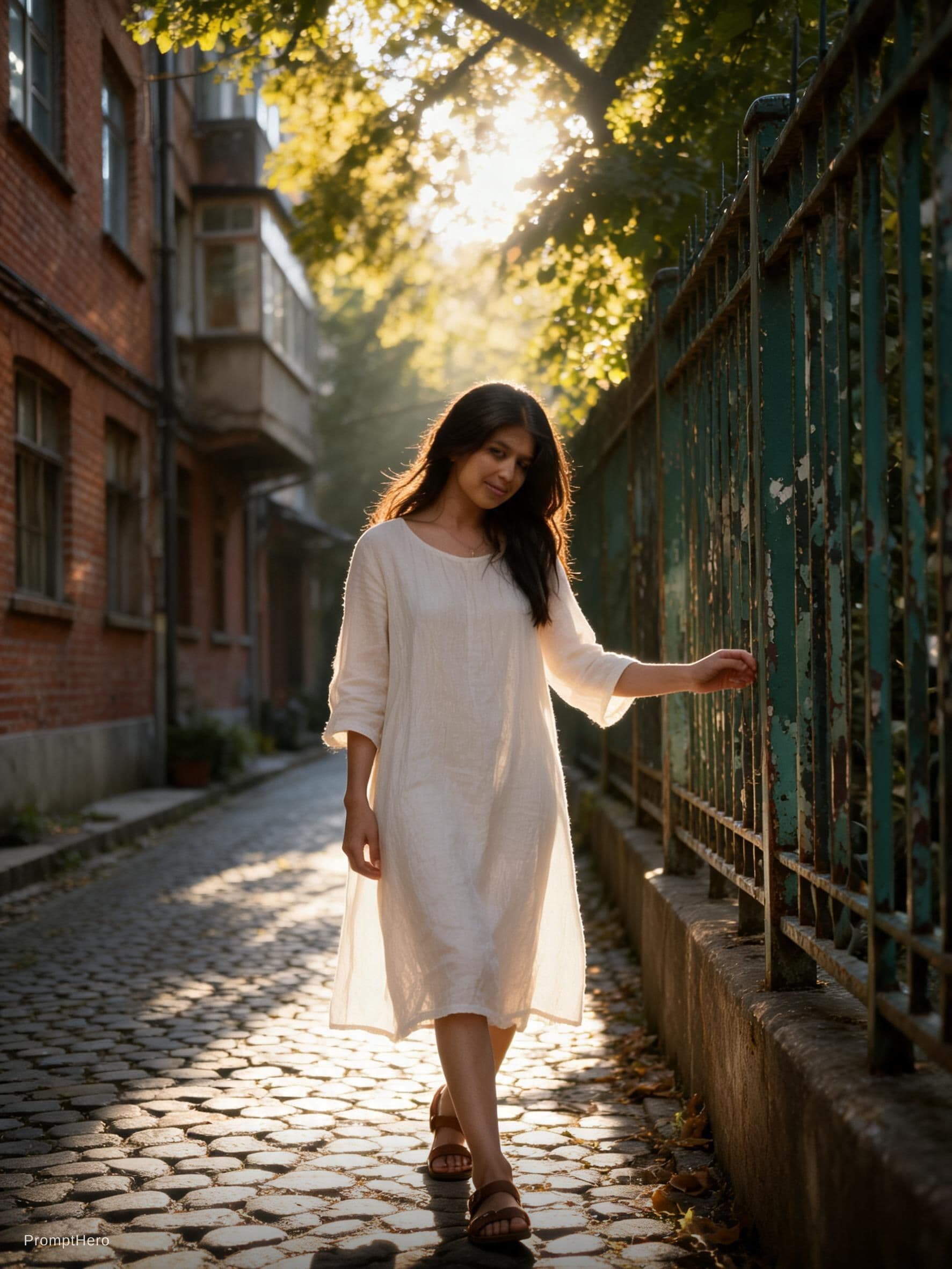 AI generated: Cinematic film still, 35-year-old woman slowly pacing along narrow cobblestone path in sun-drenched ...