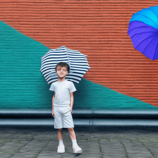 AI generated: Boy in white sneakers, black and white striped shirt, blue dotted pants, holding an umbrella, brick ...