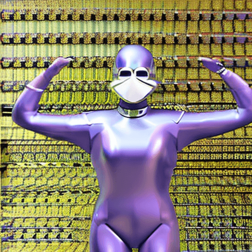 AI generated: shiny lavender and chrome colored ultra-futuristic and ultra-streamlined female armored super suit w...