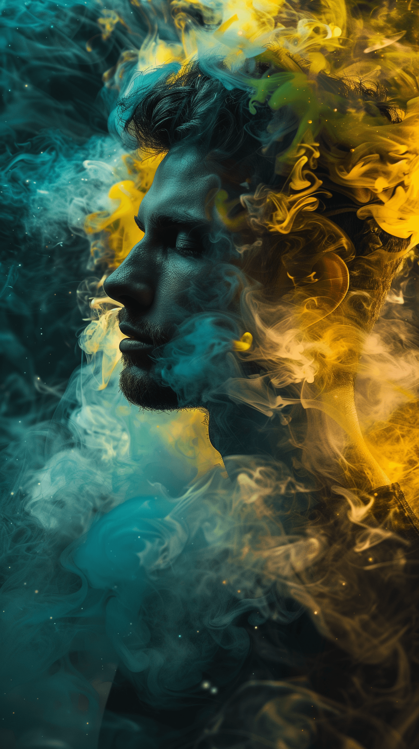 AI generated: photography, man's upper body enveloped in swirling smoke with vivid bright yellow on one side and i...
