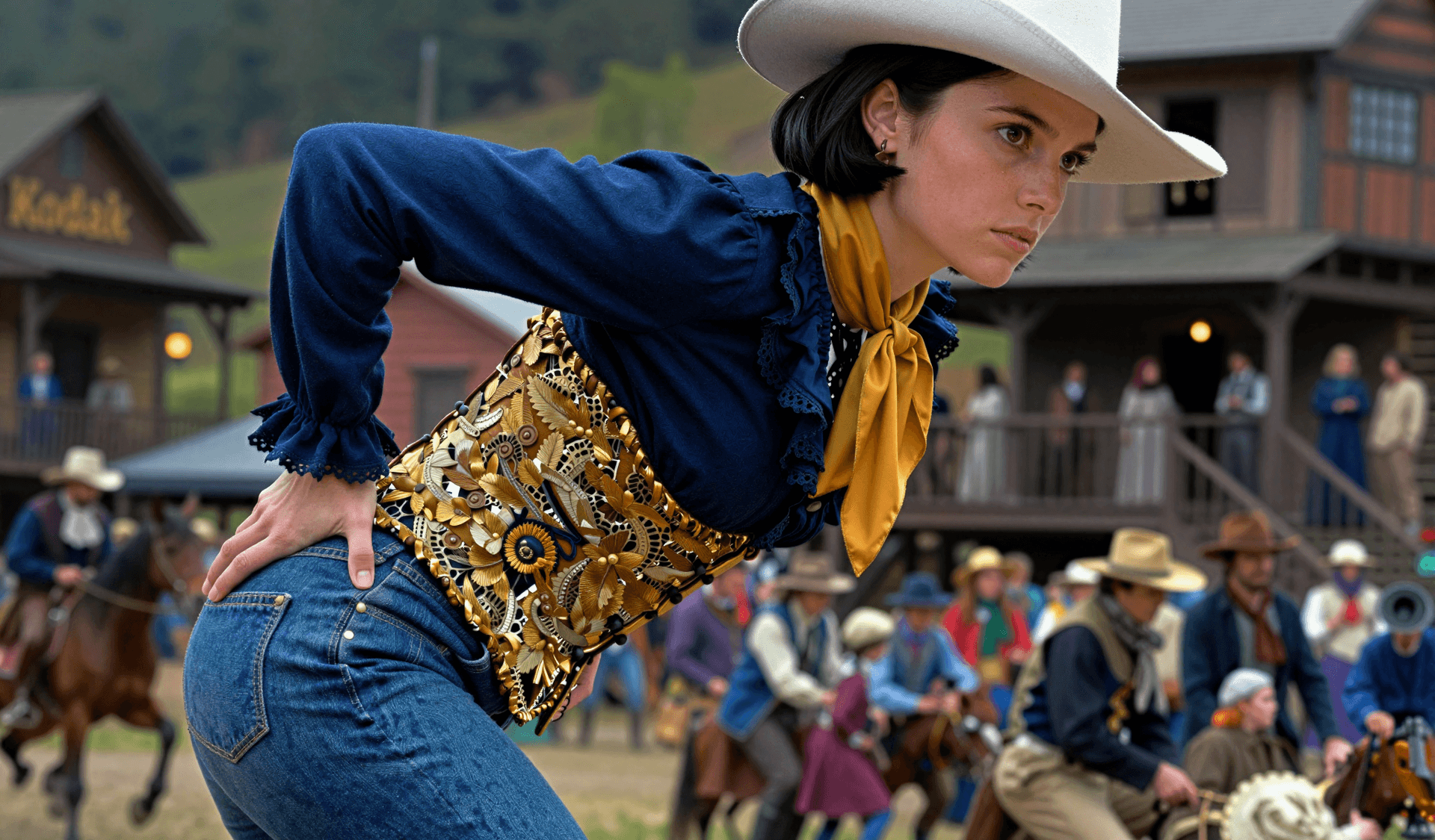 AI generated: Cinematic still, medium shot, extreme low-angle shot, 18-year-old Belgian female gunslinger, slender...
