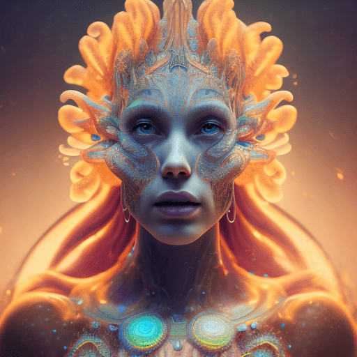 AI generated: Goddess close-up portrait ribcagel. jellyfish phoenix head, nautilus, orchid, skull, betta fish, bio...