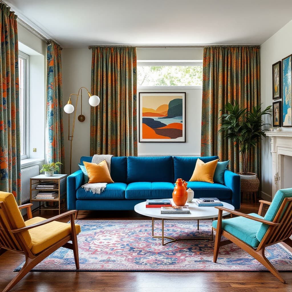 AI generated: colorful and sophisticated living room, mid-century furniture, "blue velvet couch", curtains, window...