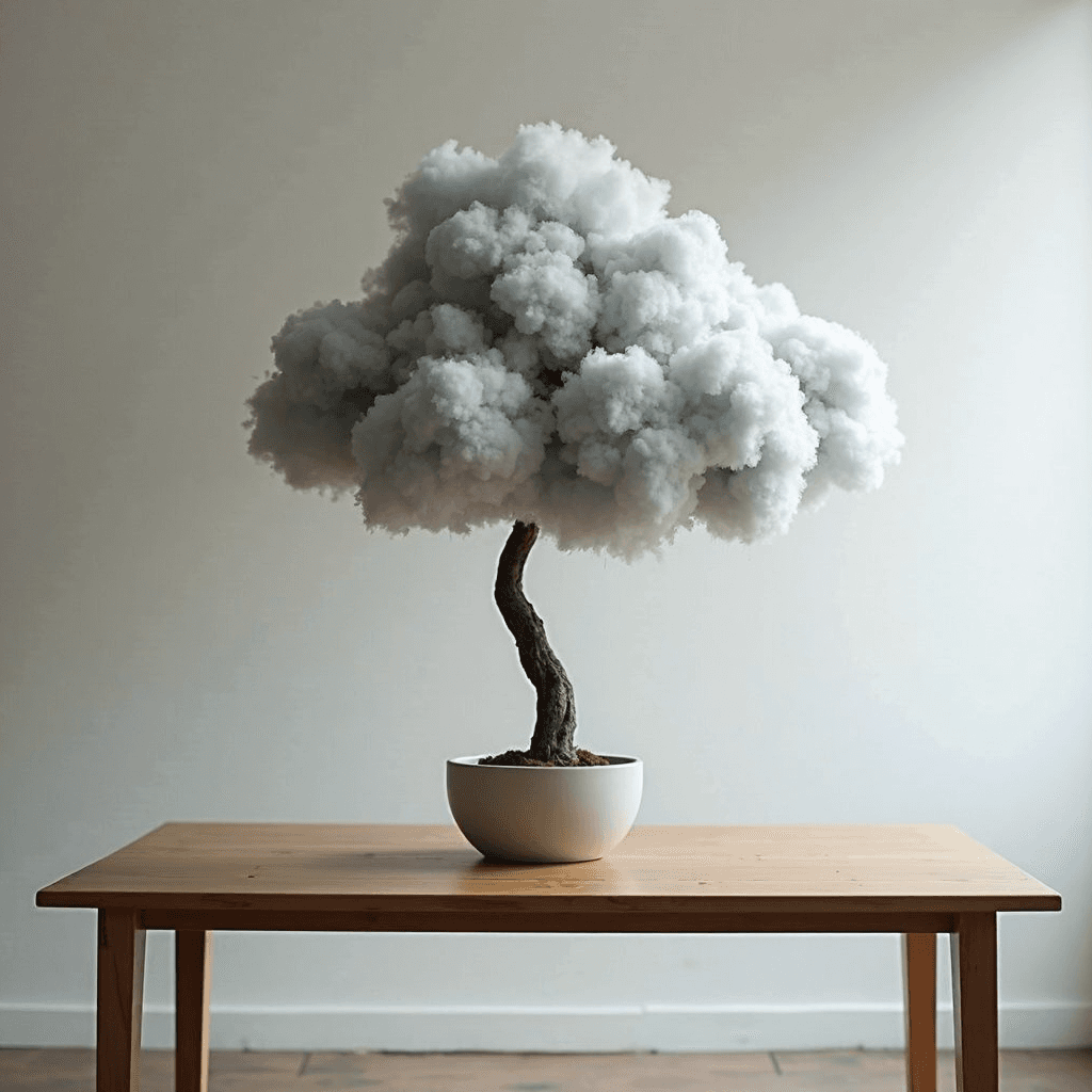 AI generated: indoor photo office table, over the table an cloud tree in a pot  grey cloud floating