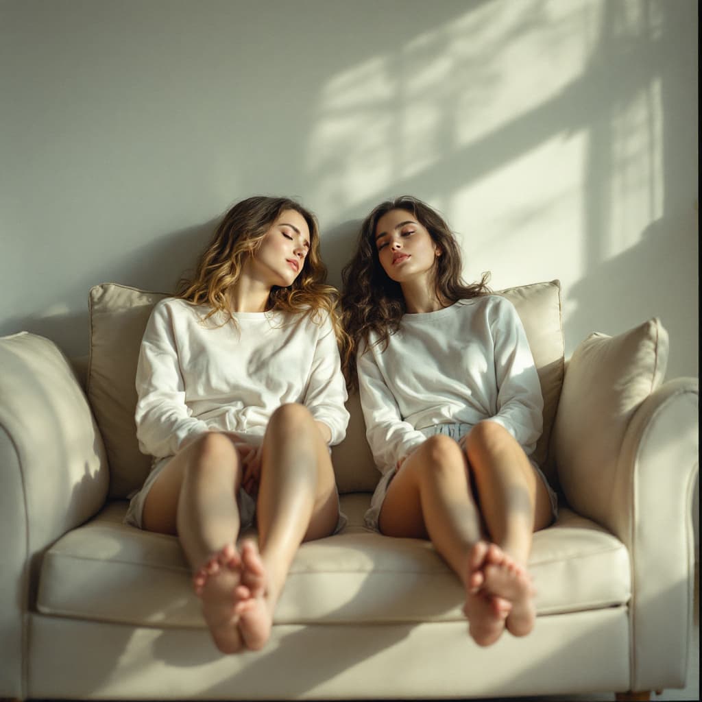 AI generated: two caucasian girls RELAXING FEET in empty bather sofa
,mid school
