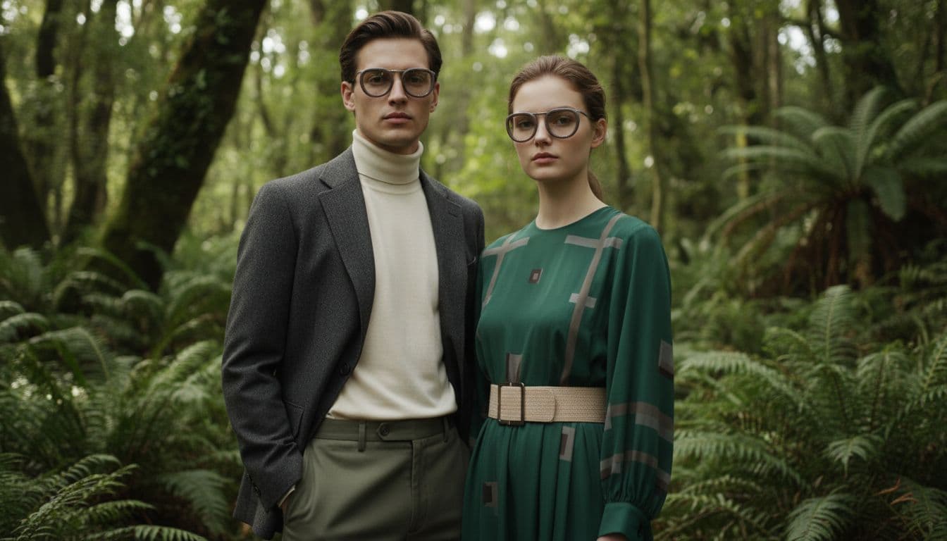 AI generated: Professional outdoor fashion photoshoot, close-up portrait of a man and a woman looking straight,  s...