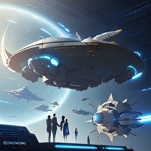 AI generated: sketches blueprint of futuristic sci-fi huge spacecraft, warp engines, formulas and annotations, sch...