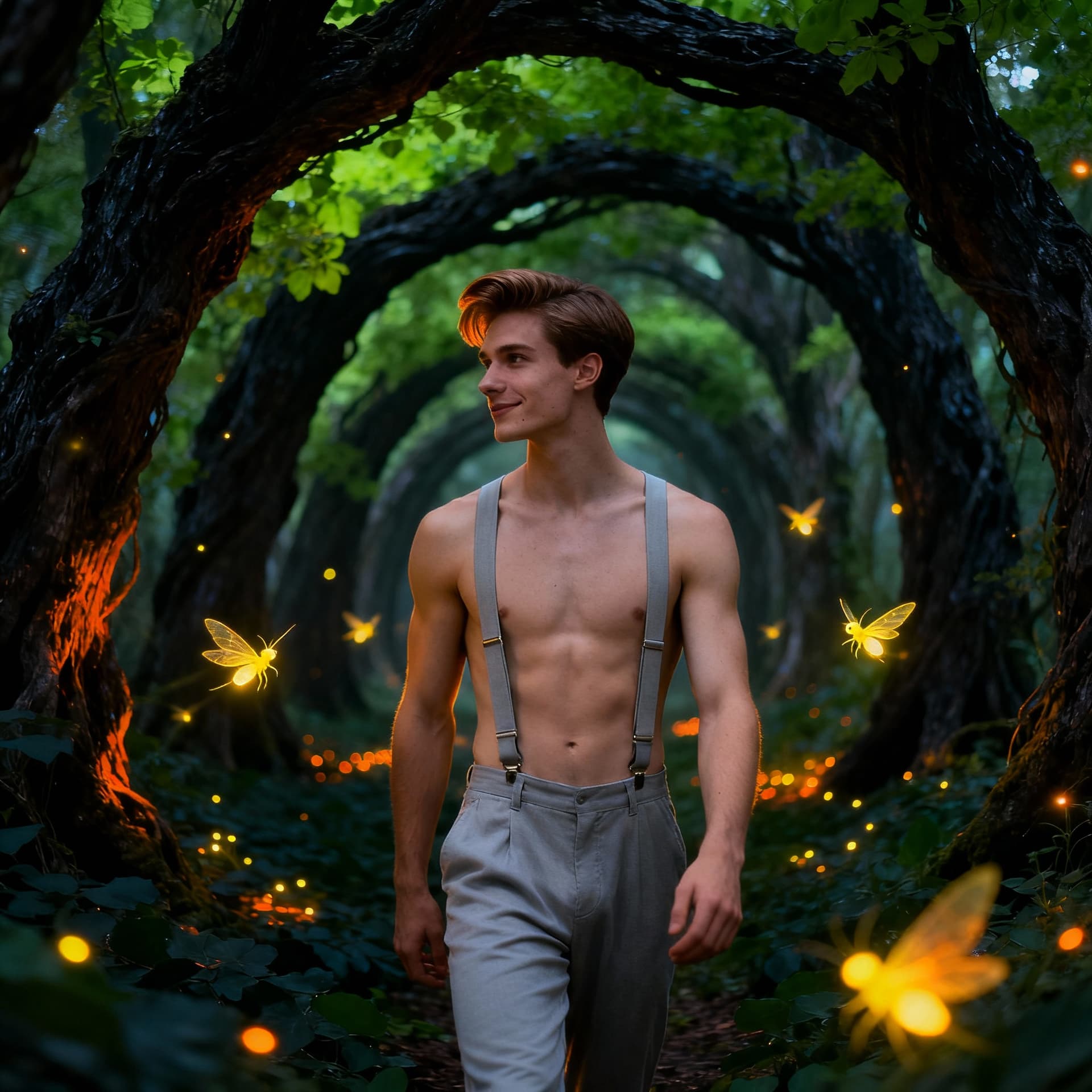 AI generated: In this full shot, a young adult man with light skin, short brown hair, and a toned physique stands ...