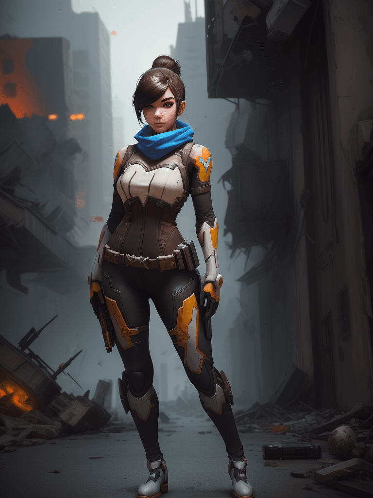 AI generated: Beautiful girl, wearing costum a one characters from game overwatch, shot gun in the hand, standing ...