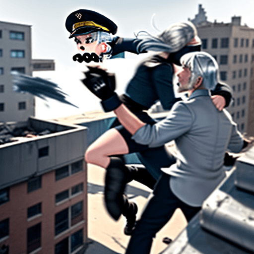 AI generated: 15-year-old girl with silver hair reaching her shoulders trying to punch a 35 year old boy with a wh...